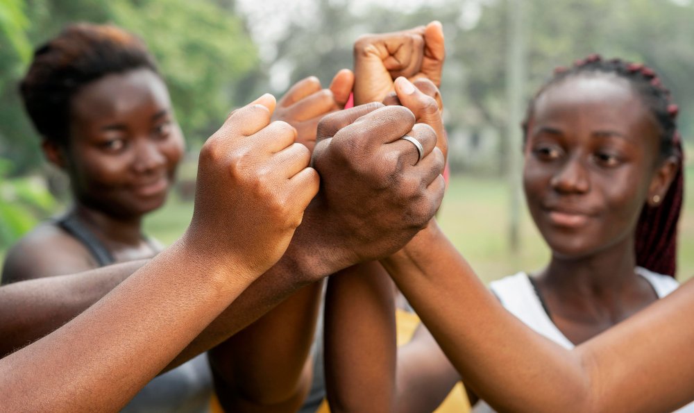 Volunteer Page Image -- People stretching their hands out in unison