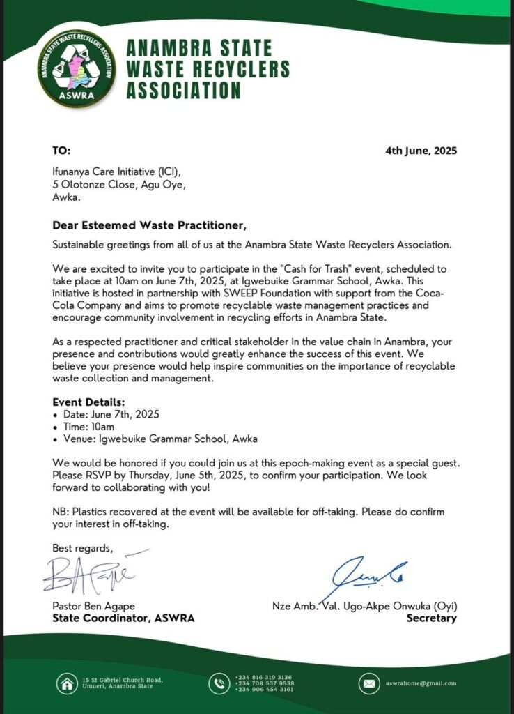 Invitation Letter from Anambra State Waste Recyclers Association