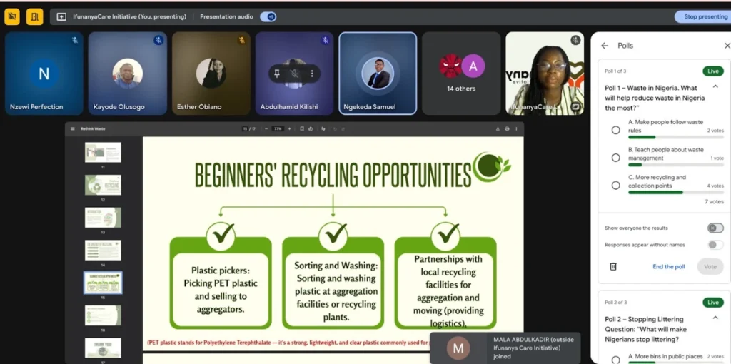 A screenshot showing an ongoing session and participants of the webinar, "Cleaning Up & Creating Opportunities"