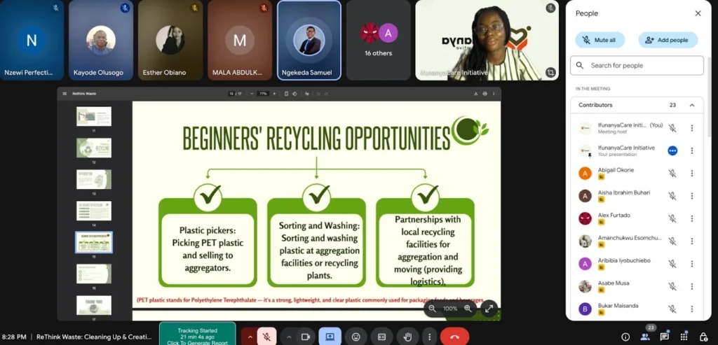 A screenshot showing an ongoing session and participants of the webinar, "Cleaning Up & Creating Opportunities"